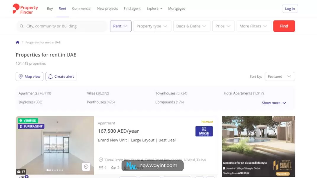 Property Finder site for renting apartments in Dubai